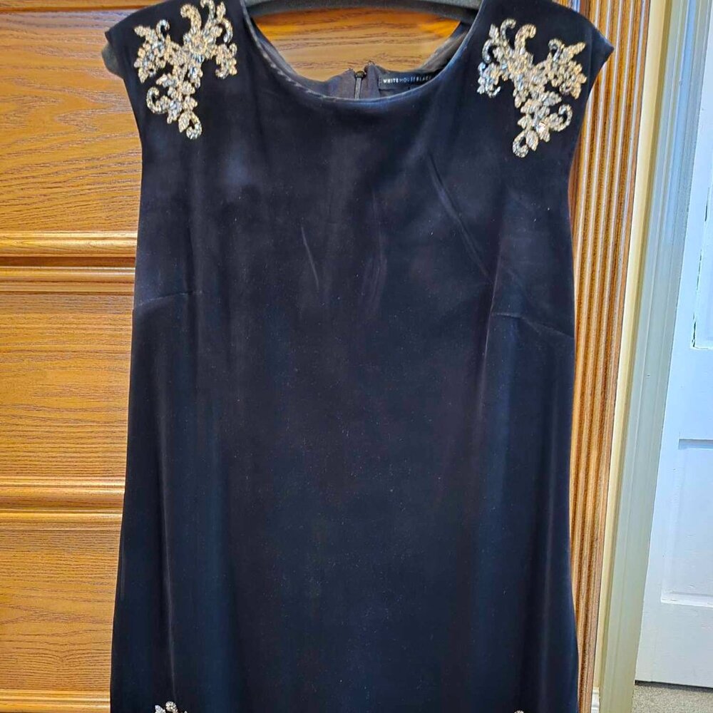 White House Black Market Black velvet dress with gold embroidery size L